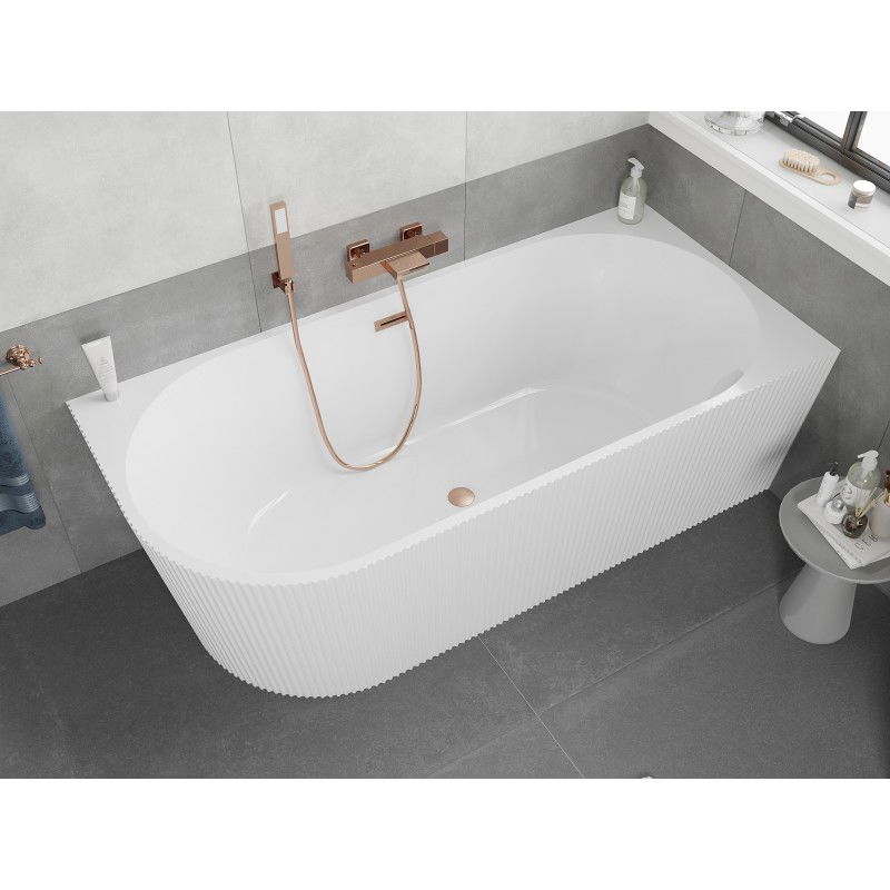 Mexen Silo freestanding corner right ribbed bathtub 150 x 75 cm, white, brushed copper overflow - 52891507500P-65