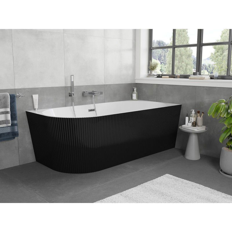 Mexen Silo free-standing corner right fluted bath 150 x 75 cm, white/black, chrome overflow - 52891507575P-01
