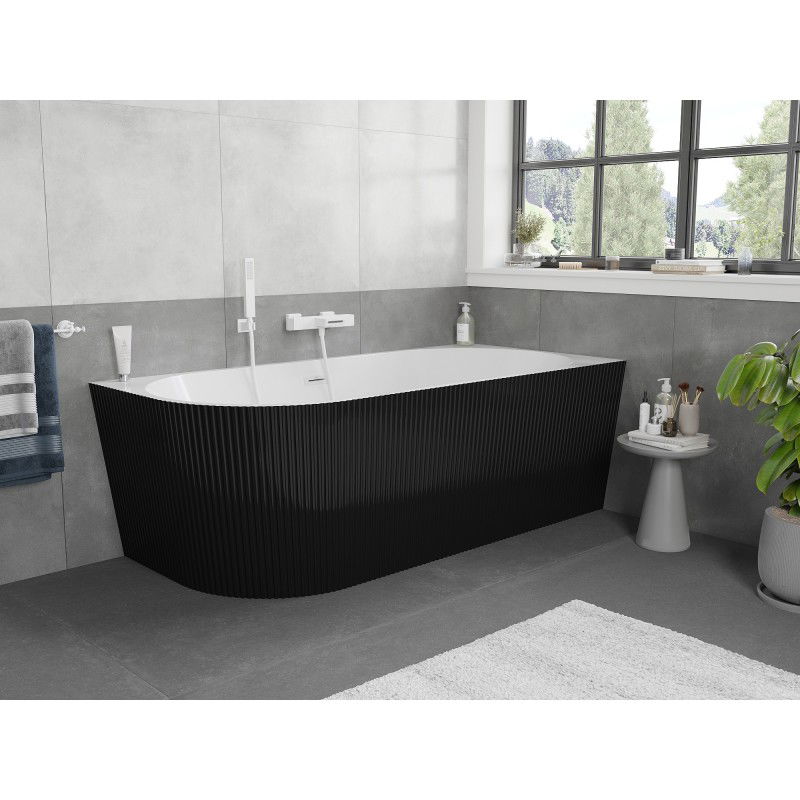 Mexen Silo freestanding corner right ribbed bath 150 x 75 cm, white/black, white overflow - 52891507575P-20