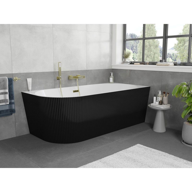 Mexen Silo freestanding corner right ribbed bathtub 150 x 75 cm, white/black, gold overflow - 52891507575P-50