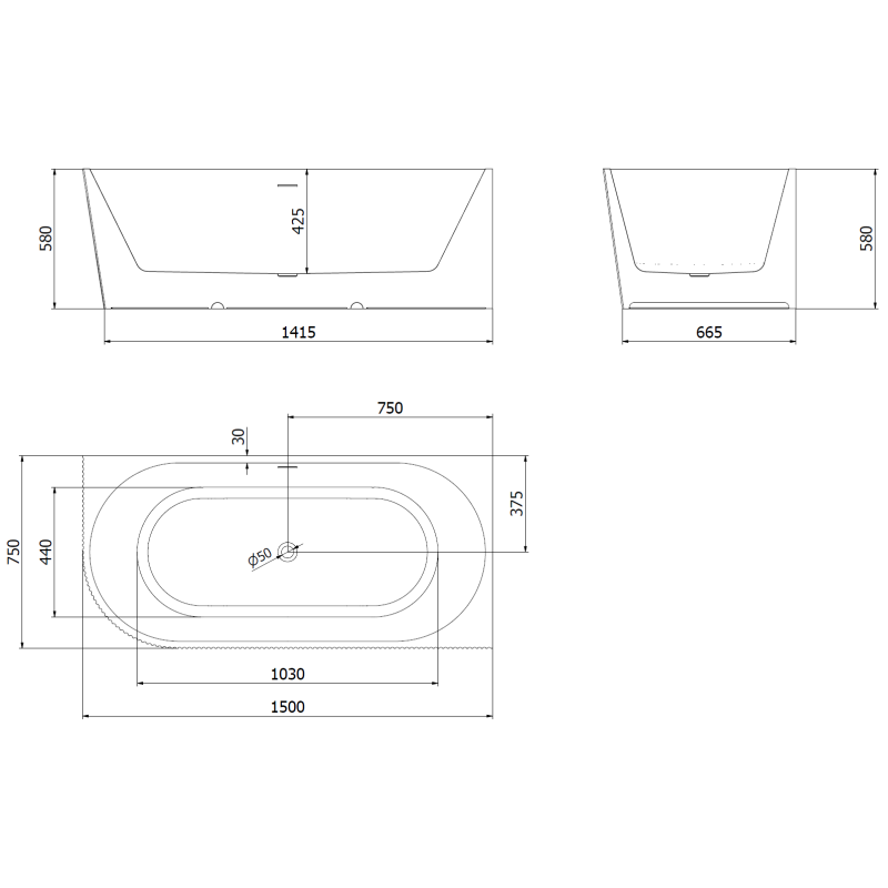 Mexen Silo freestanding corner right fluted bath 150 x 75 cm, white/black, brushed copper overflow - 52891507575P-65