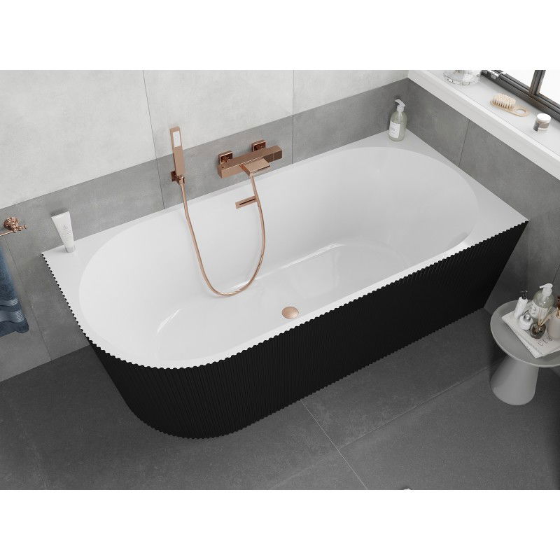 Mexen Silo freestanding corner right fluted bath 150 x 75 cm, white/black, brushed copper overflow - 52891507575P-65