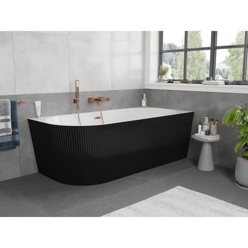Mexen Silo freestanding corner right fluted bath 150 x 75 cm, white/black, brushed copper overflow - 52891507575P-65