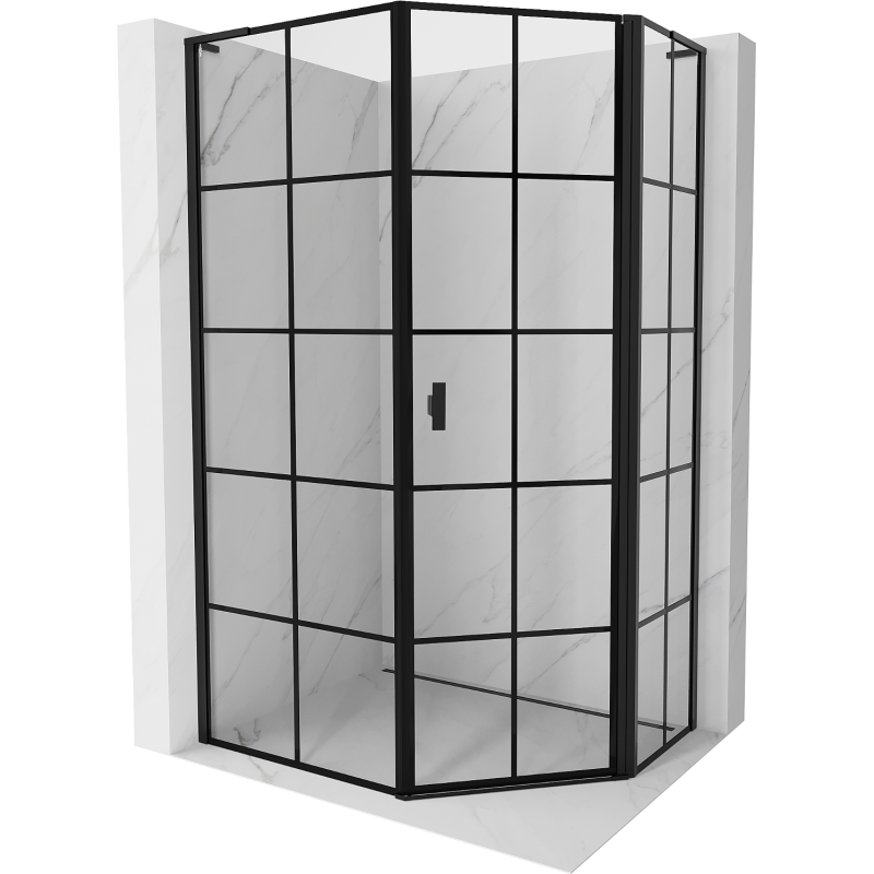 Mexen Mist L Asymmetrical Pentagonal Shower Enclosure Right Hinged 80 x 90 cm, Black Grid, Black - 8A8L-080-090-70-77-P