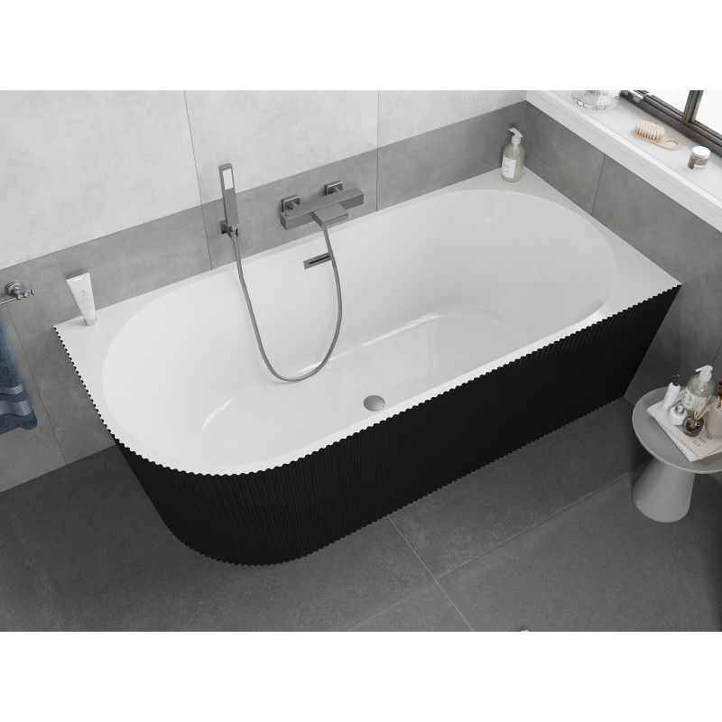 Mexen Silo freestanding corner right ribbed bath 150 x 75 cm, white/black, gun metal overflow - 52891507575P-95