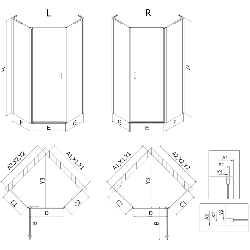 Mexen Mist L pentagonal asymmetric hinged right shower cabin 90 x 100 cm, black grid, black - 8A8L-090-100-70-77-P