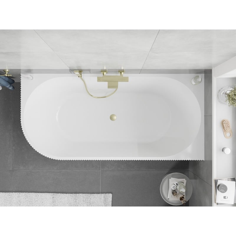 Mexen Silo freestanding corner bathtub right ribbed 170 x 80 cm, white, brushed gold overflow - 52891708000P-55
