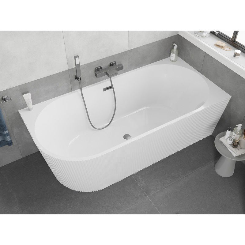 Mexen Silo freestanding corner bathtub right fluted 170 x 80 cm, white, brushed gun gray overflow - 52891708000P-66