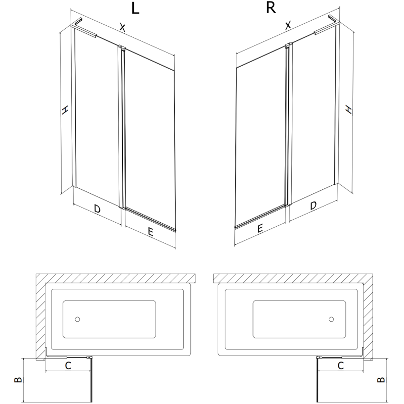 Mexen Mist L Bath Screen 2-Wing 110 x 150 cm, Transparent, Black - 8A9L-120-011-70-00