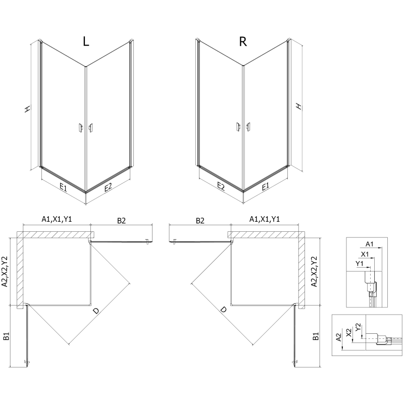 Mexen Mist-B Duo Hinged Shower Enclosure 95 x 70 cm, Transparent, Gold - 8A2-095-070-50-00