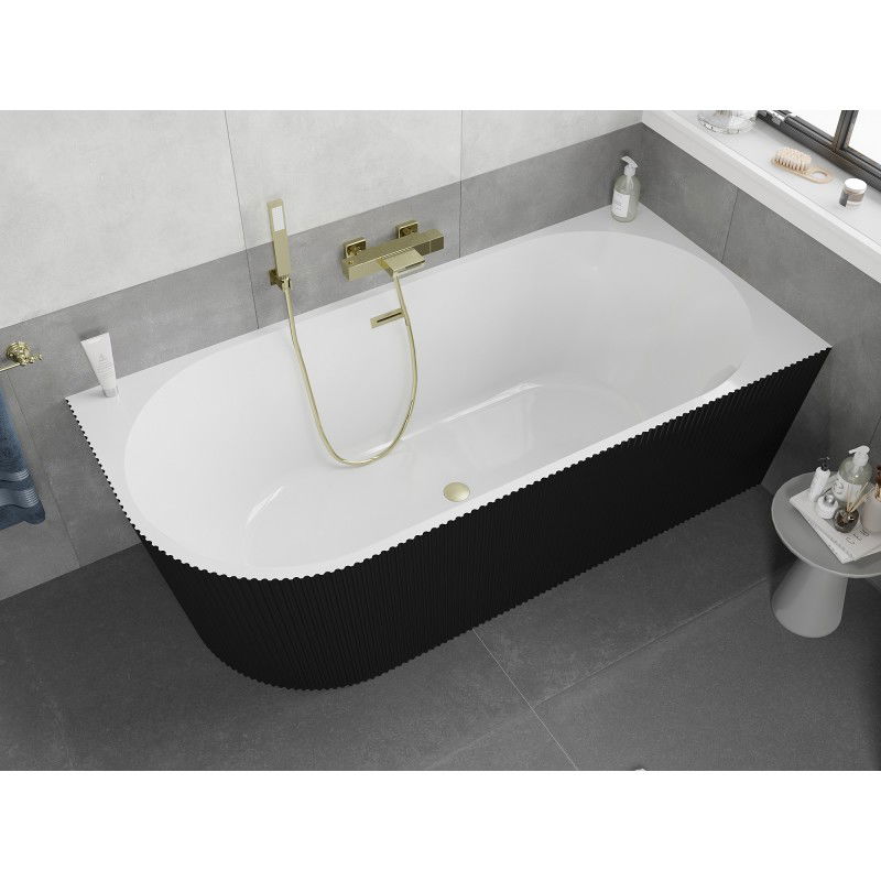 Mexen Silo freestanding corner bathtub right ribbed 170 x 80 cm, white/black, brushed gold overflow - 52891708075P-55