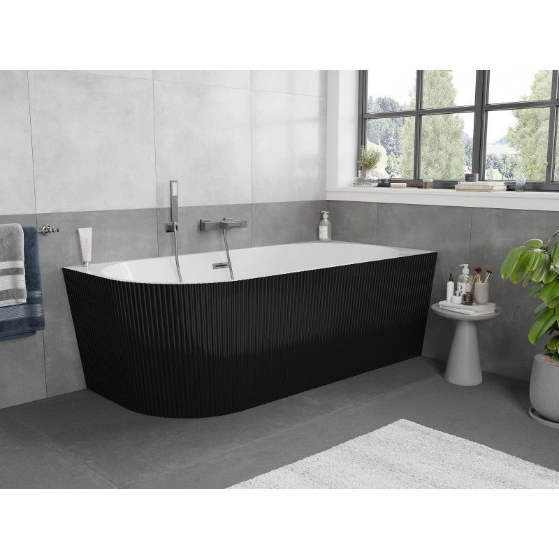 Mexen Silo freestanding corner right grooved bath 170 x 80 cm, white/black, gun gray brushed overflow - 52891708075P-66