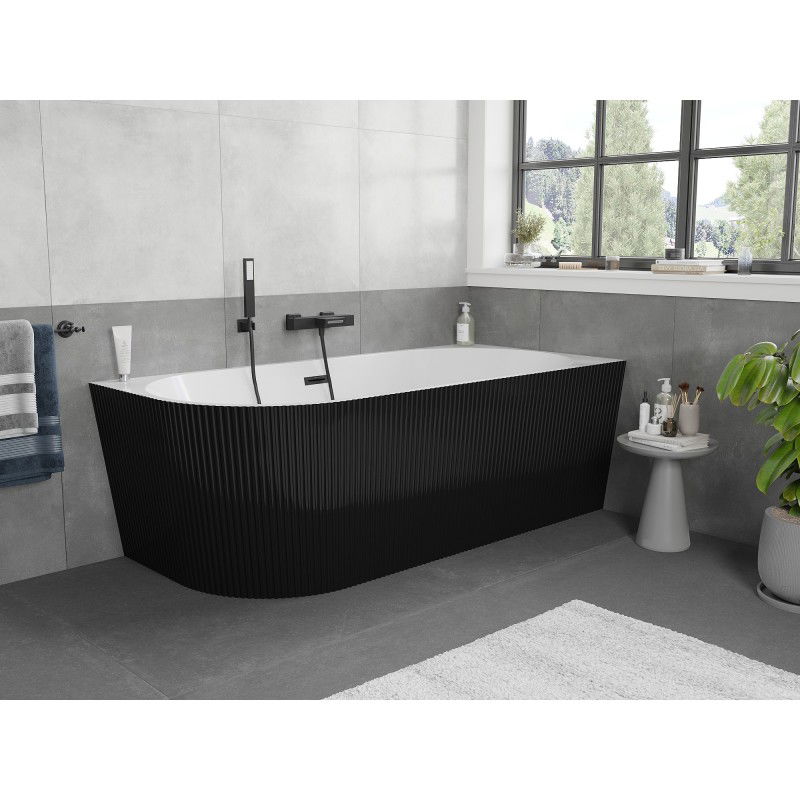 Mexen Silo freestanding corner right ribbed bathtub 170 x 80 cm, white/black, black overflow - 52891708075P-70