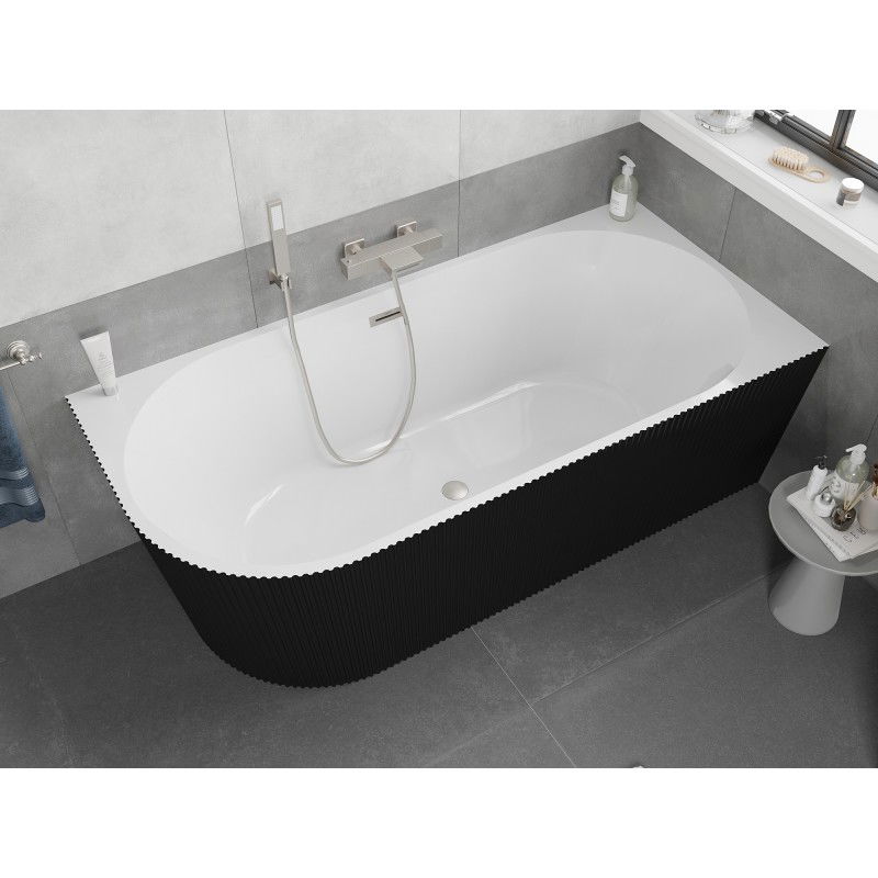 Mexen Silo free-standing corner right ribbed bathtub 170 x 80 cm, white/black, brushed nickel overflow - 52891708075P-97