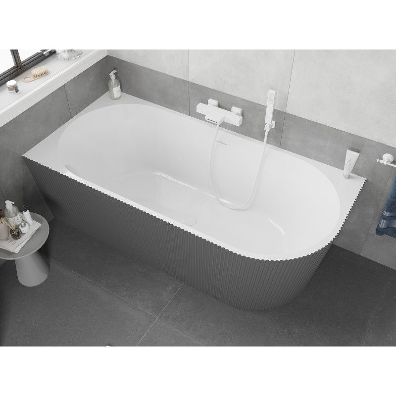 Mexen Silo freestanding corner left grooved bath 150 x 75 cm, white/grey, white overflow - 52891507562L-20