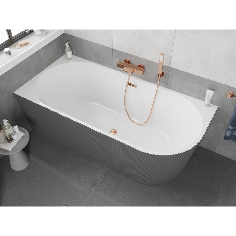 Mexen Silo freestanding corner bath left fluted 150 x 75 cm, white/grey, overflow rose gold - 52891507562L-60