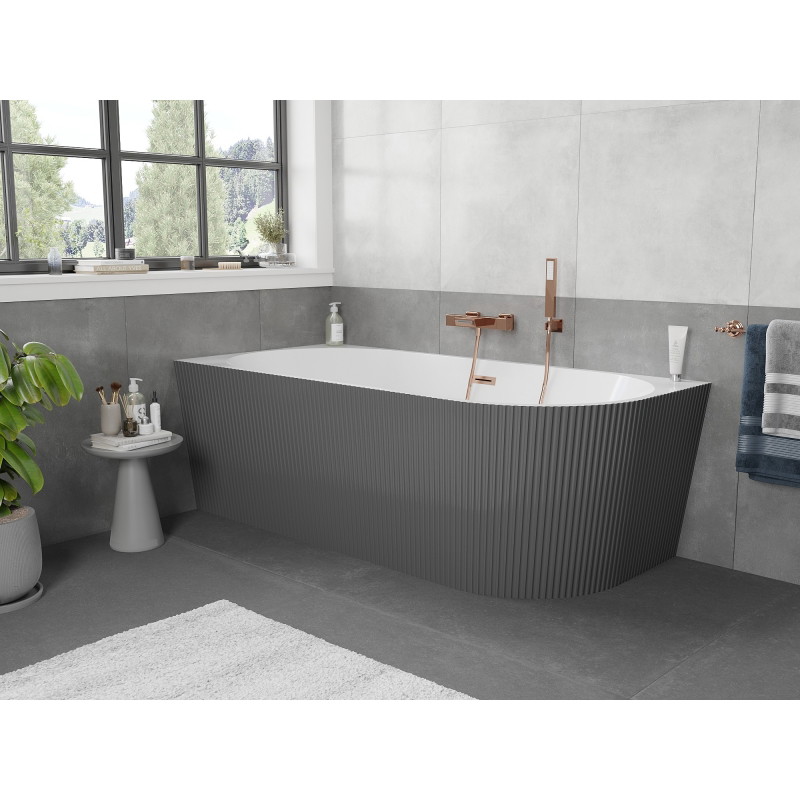Mexen Silo freestanding corner left ribbed bathtub 150 x 75 cm, white/gray, brushed copper overflow - 52891507562L-65