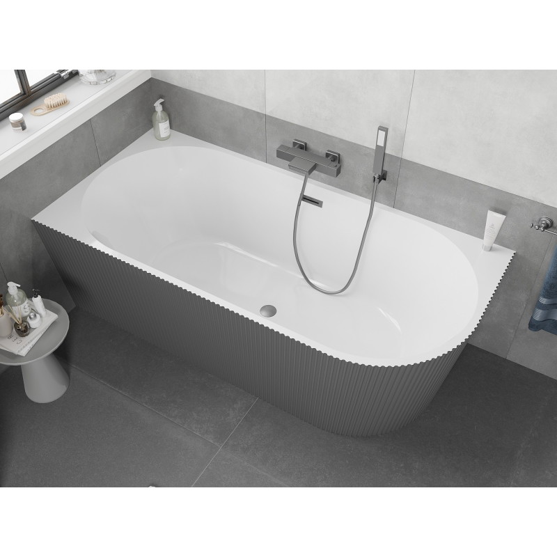 Mexen Silo freestanding corner left fluted bathtub 150 x 75 cm, white/gray, gun gray brushed overflow - 52891507562L-66