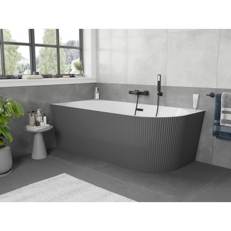 Mexen Silo free-standing corner left fluted bathtub 150 x 75 cm, white/gray, black overflow - 52891507562L-70