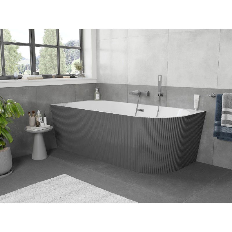 Mexen Silo freestanding corner left fluted bath 150 x 75 cm, white/grey, overflow gun metal - 52891507562L-95
