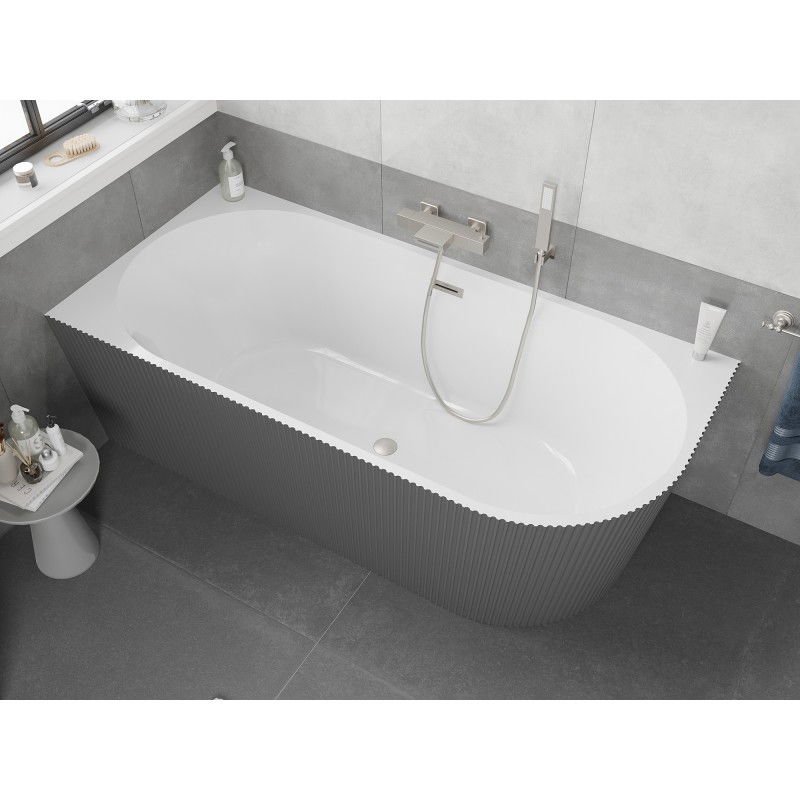 Mexen Silo freestanding corner left fluted bathtub 150 x 75 cm, white/grey, brushed nickel overflow - 52891507562L-97