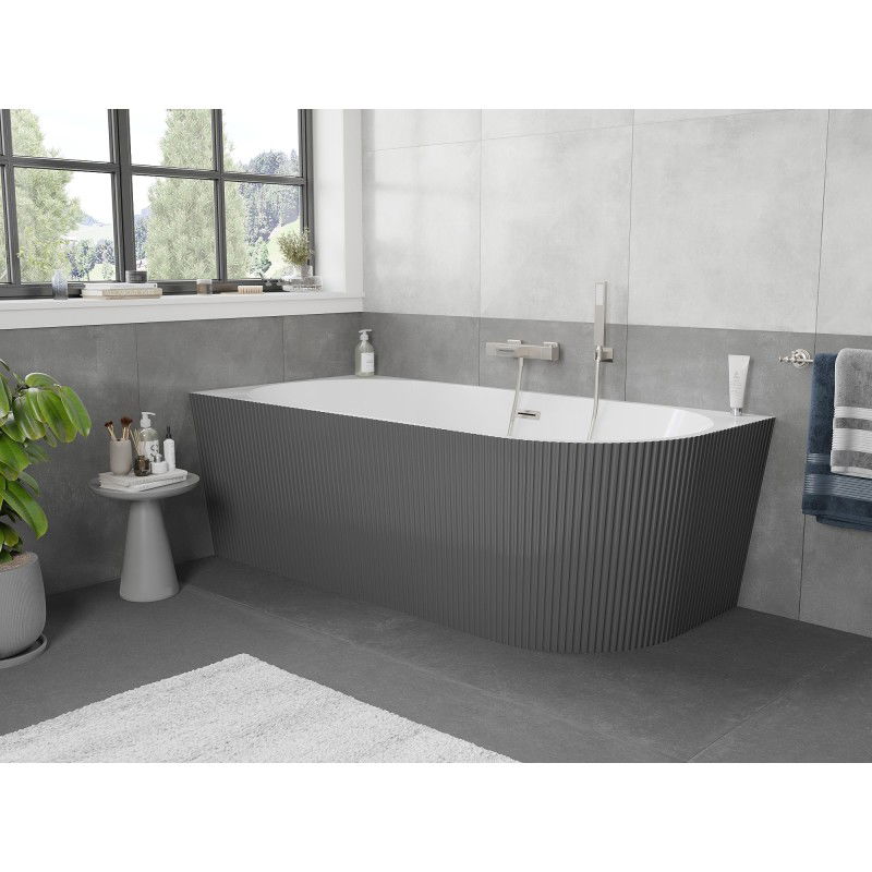Mexen Silo freestanding corner left fluted bathtub 150 x 75 cm, white/grey, brushed nickel overflow - 52891507562L-97