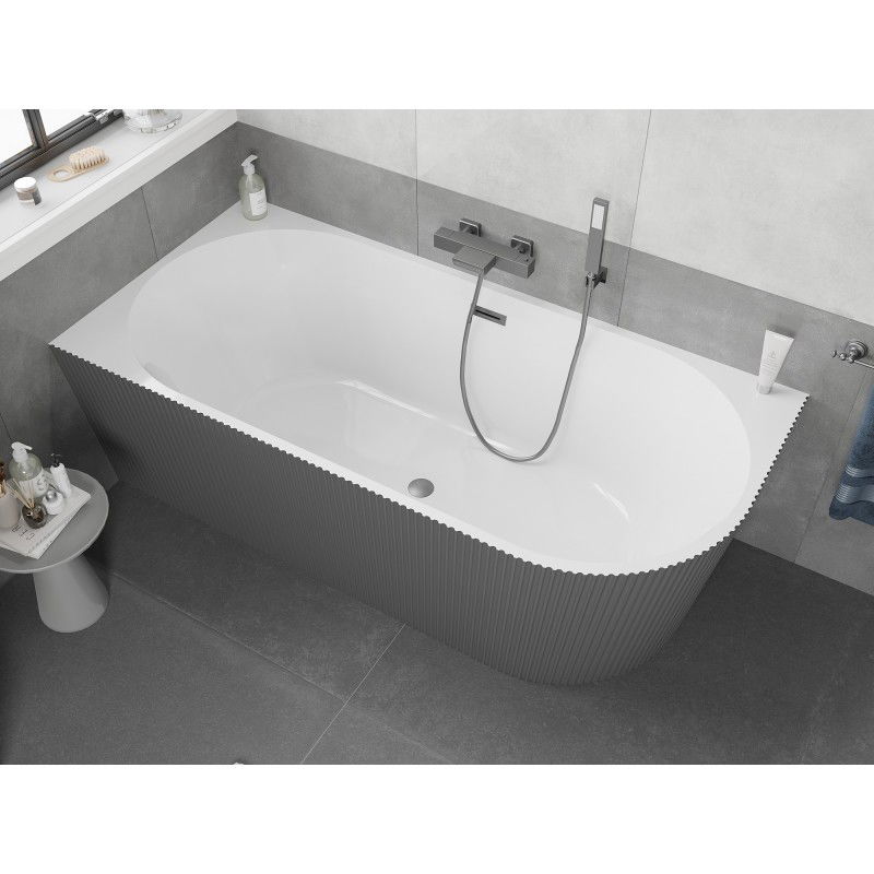 Mexen Silo freestanding corner left ribbed bathtub 170 x 80 cm, white/grey, brushed gun gray overflow - 52891708062L-66
