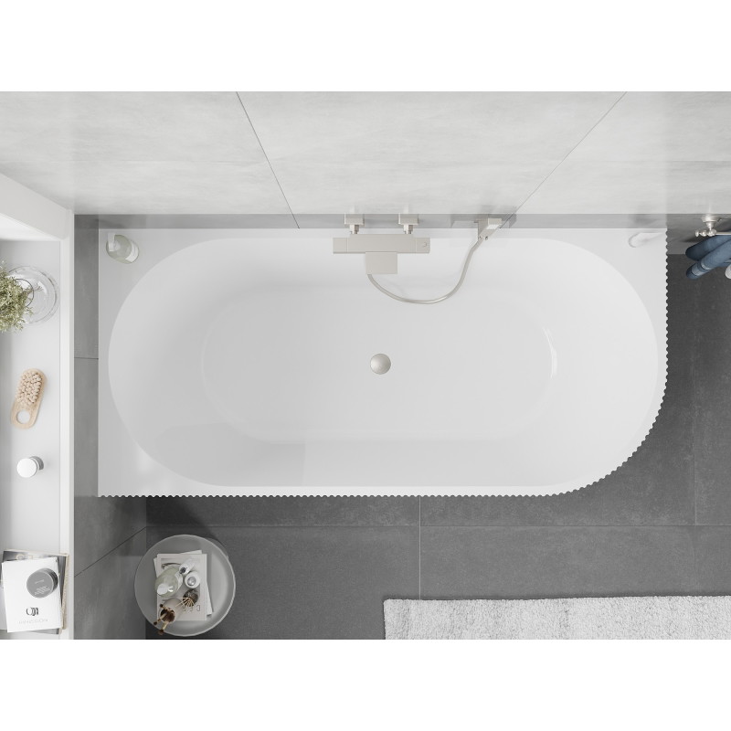 Mexen Silo freestanding corner left ribbed bathtub 170 x 80 cm, white/gray, brushed nickel overflow - 52891708062L-97