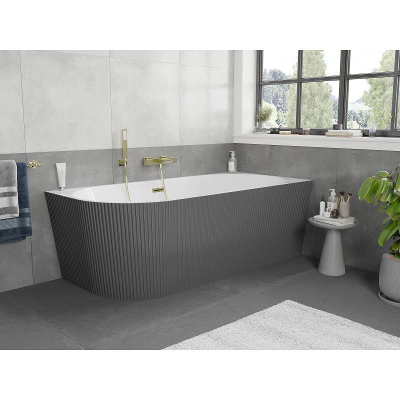 Mexen Silo freestanding corner right fluted bathtub 150 x 75 cm, white/grey, gold overflow - 52891507562P-50