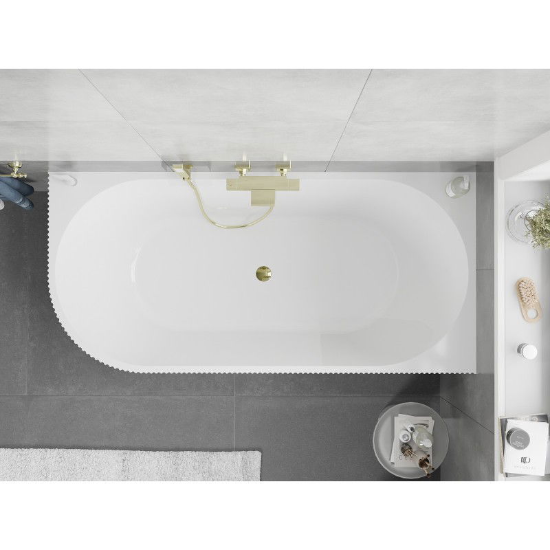 Mexen Silo freestanding corner right fluted bathtub 150 x 75 cm, white/grey, gold overflow - 52891507562P-50