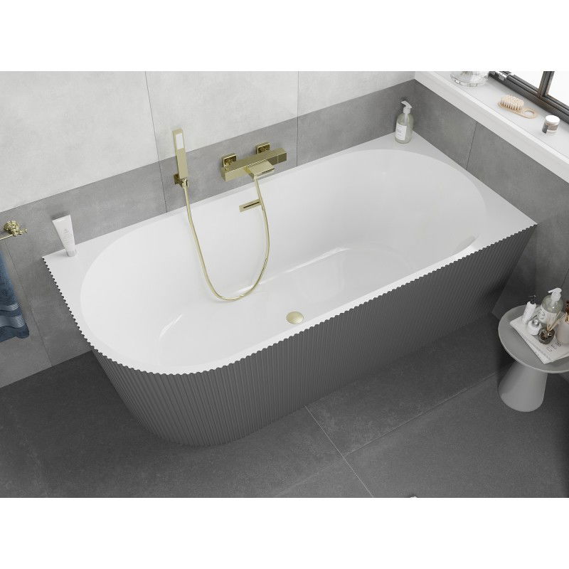 Mexen Silo freestanding corner right ribbed bath 150 x 75 cm, white/grey, gold brushed overflow - 52891507562P-55