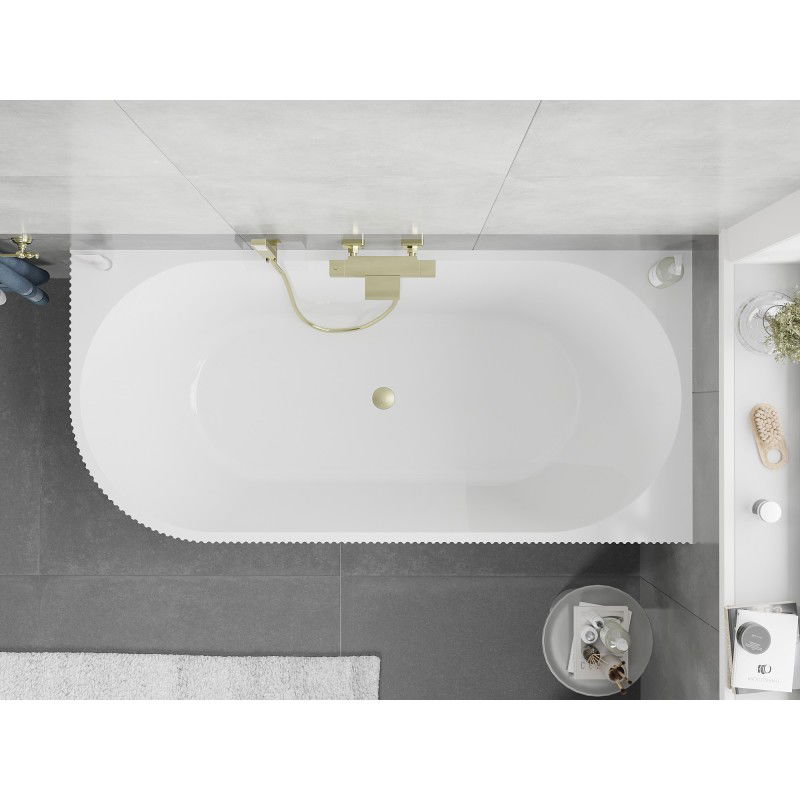 Mexen Silo freestanding corner bathtub right ribbed 150 x 75 cm, white/gray, overflow gold brushed - 52891507562P-55