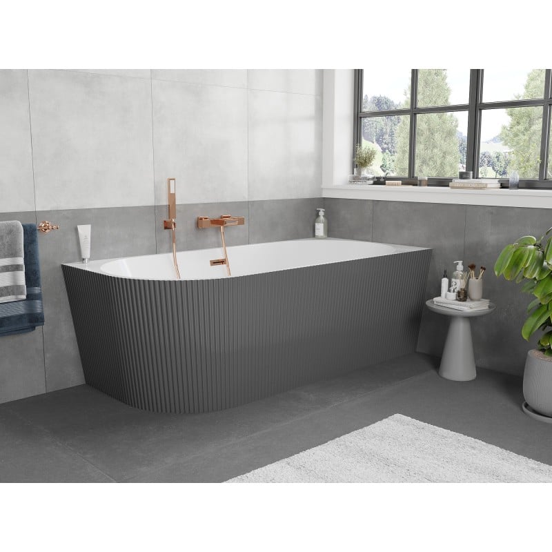 Mexen Silo freestanding corner bathtub right fluted 150 x 75 cm, white/gray, overflow rose gold - 52891507562P-60