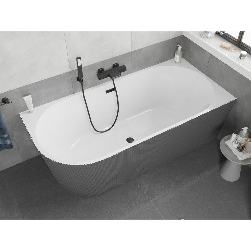 Mexen Silo freestanding corner right-sided ribbed bathtub 150 x 75 cm, white/gray, black overflow - 52891507562P-70
