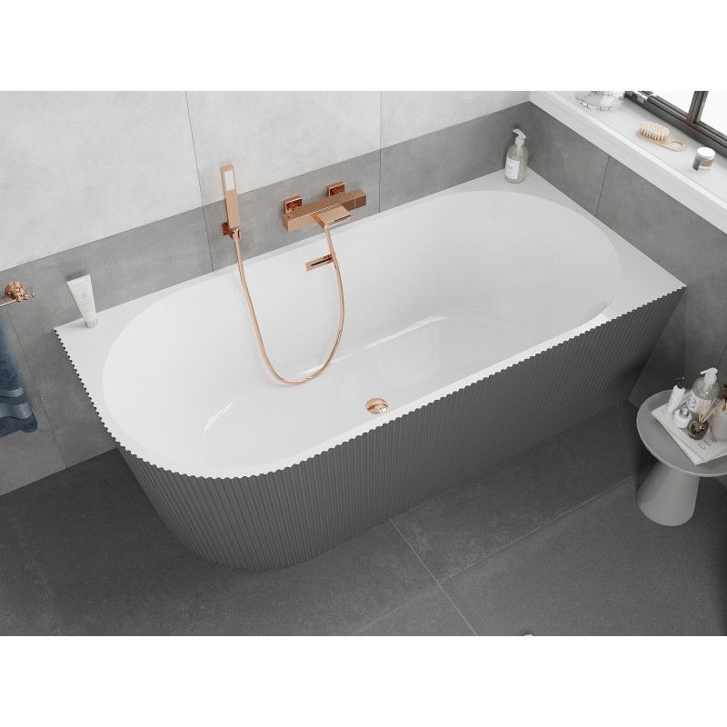Mexen Silo freestanding corner right ribbed bathtub 170 x 80 cm, white/grey, rose gold overflow - 52891708062P-60