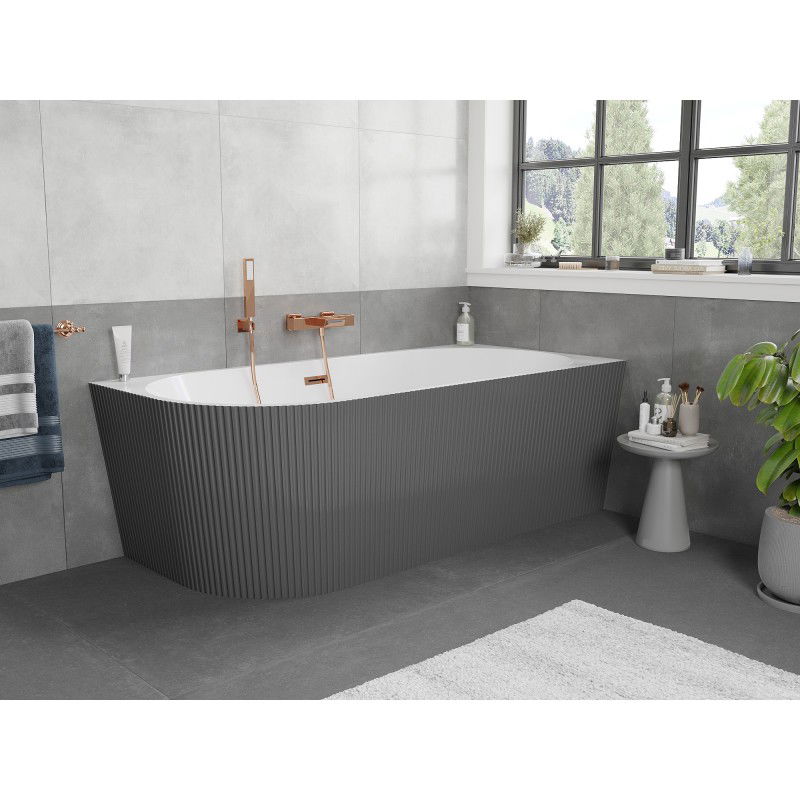 Mexen Silo freestanding corner right ribbed bathtub 170 x 80 cm, white/grey, rose gold overflow - 52891708062P-60