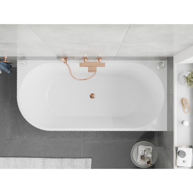 Mexen Silo freestanding corner right ribbed bathtub 170 x 80 cm, white/grey, rose gold overflow - 52891708062P-60