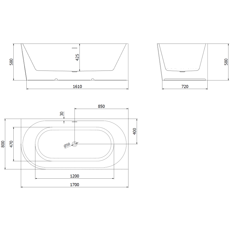 Mexen Silo freestanding corner right ribbed bath 170 x 80 cm, white/grey, brushed copper overflow - 52891708062P-65