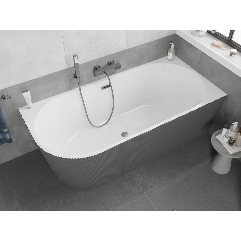 Mexen Silo freestanding corner right ribbed bath 170 x 80 cm, white/grey, overflow gun gray brushed - 52891708062P-66