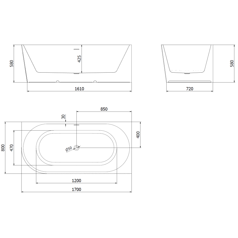Mexen Silo freestanding corner right ribbed bath 170 x 80 cm, white/grey, brushed nickel overflow - 52891708062P-97