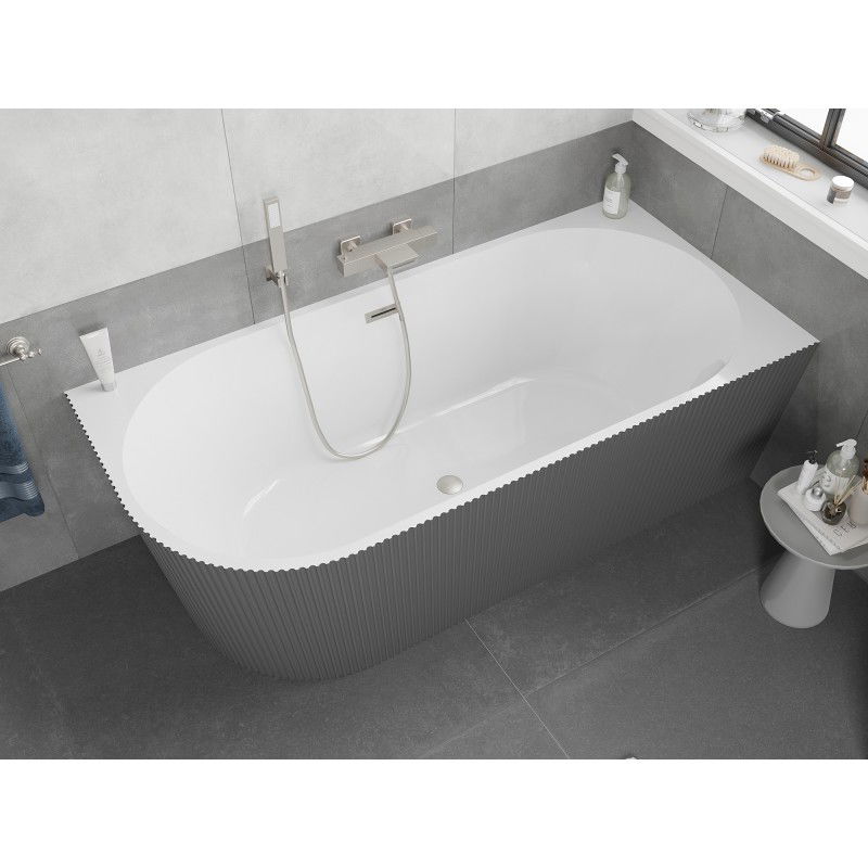 Mexen Silo freestanding corner bathtub right fluted 170 x 80 cm, white/gray, brushed nickel overflow - 52891708062P-97