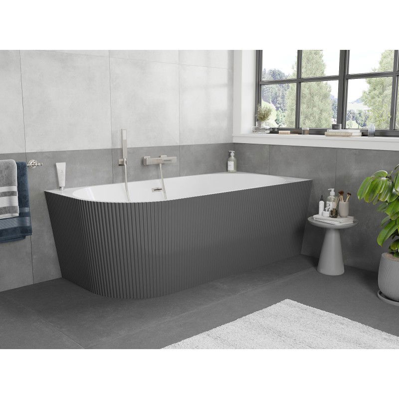 Mexen Silo freestanding corner bathtub right fluted 170 x 80 cm, white/gray, brushed nickel overflow - 52891708062P-97