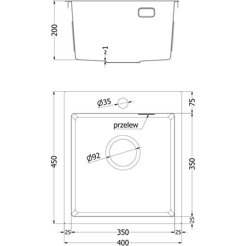 Mexen Solix stainless steel sink, 1-bowl 400 x 450 mm, inox - 6401401000-01