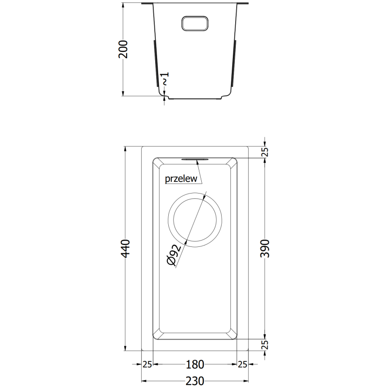 Mexen Trixo 1-Bowl Stainless Steel Sink 230 x 440 mm, Black - 6411221000-70