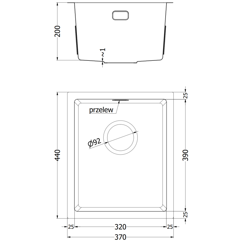 Mexen Trixo stainless steel sink 1-bowl 370 x 440 mm, inox HC - 6412371000-01HC