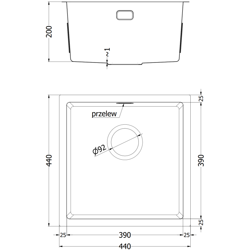 Mexen Trixo stainless steel sink, 1-bowl 440 x 440 mm, inox - 6413441000-01
