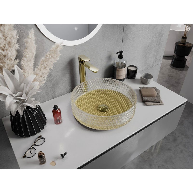 Mexen Aura glass countertop washbasin 39 x 39 cm, transparent/gold - 24013951