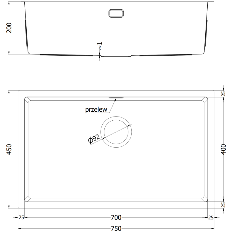 Mexen Trixo stainless steel sink 1-bowl 750 x 440 mm, inox - 6415751000-01
