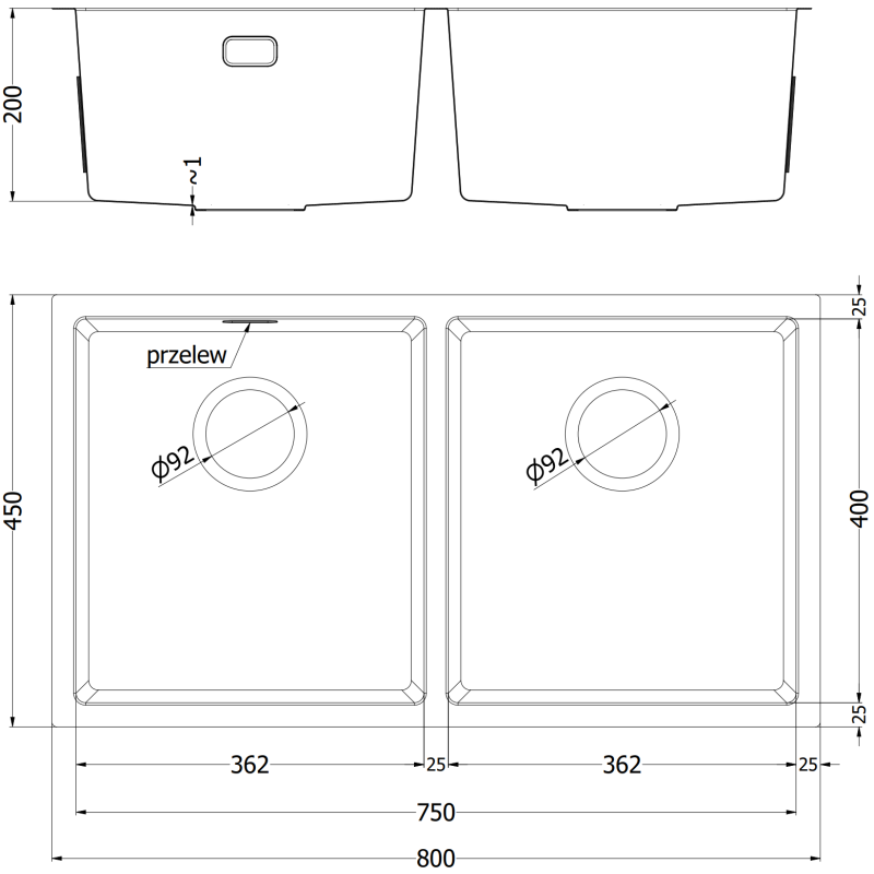 Mexen Binox 2-Bowl Stainless Steel Sink 800 x 450 mm, inox - 6421802000-01