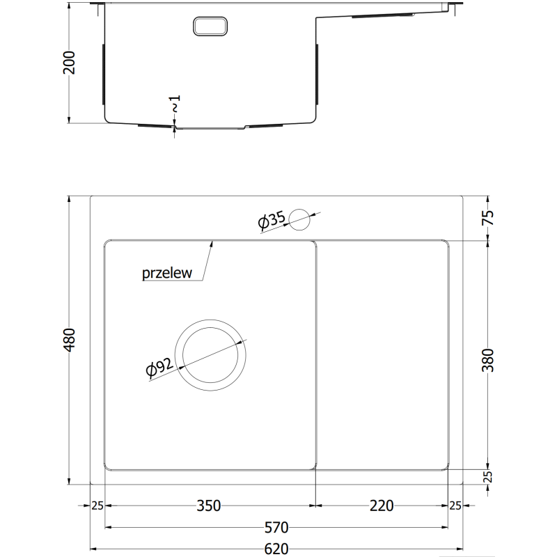 Mexen Exar stainless steel sink 1-bowl with drainer, left 620 x 480 mm, copper - 6431621005L-65